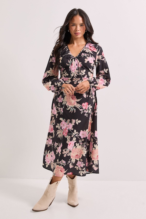 Dorothy Perkins Printed Tie Neck Blouson Sleeve Midi Dress Black
