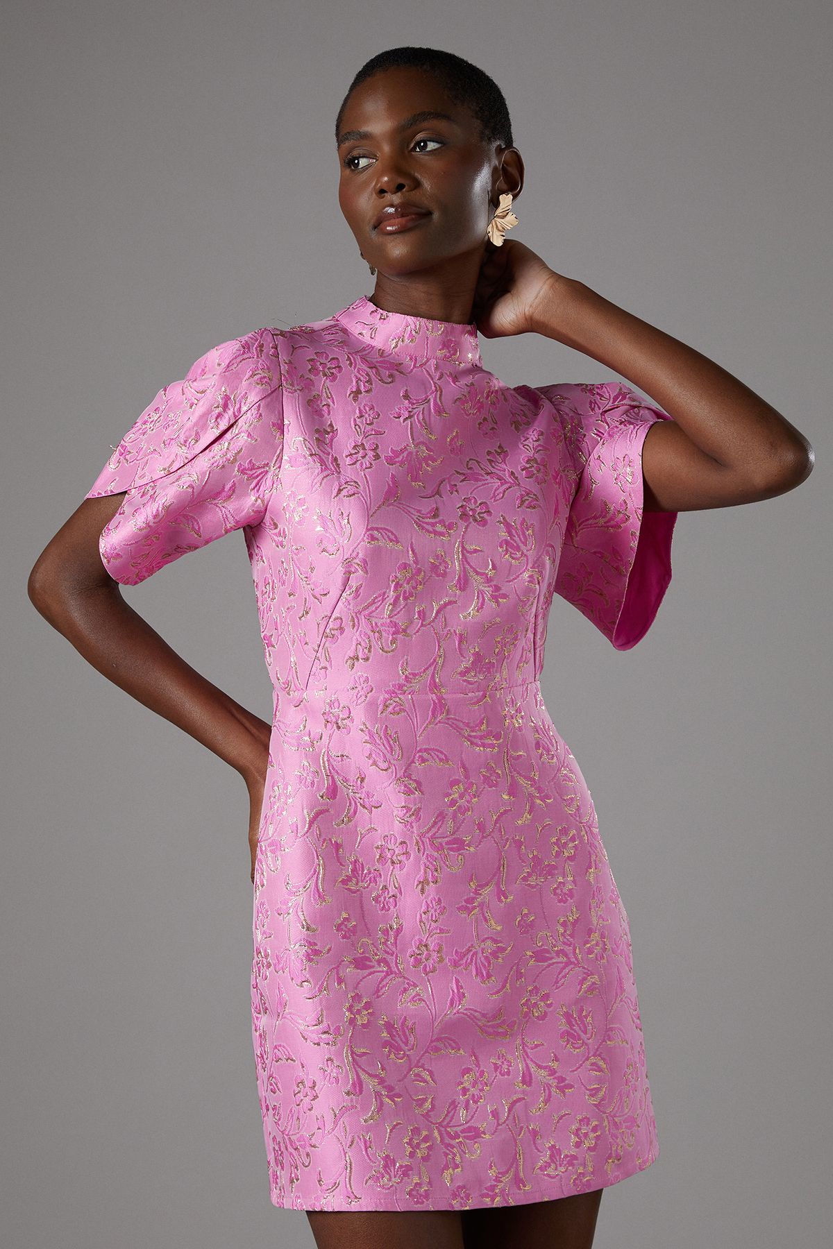 Coast Metallic Puff Sleeve Jacquard Mini Dress Bright Pink image 2