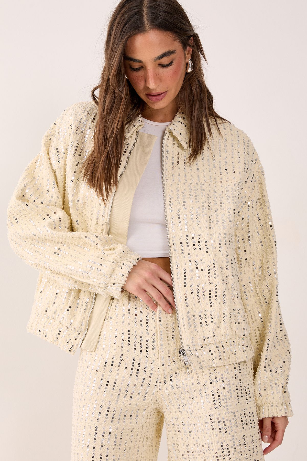 NastyGal Denim Sequin Bomber Jacket Ecru image 4