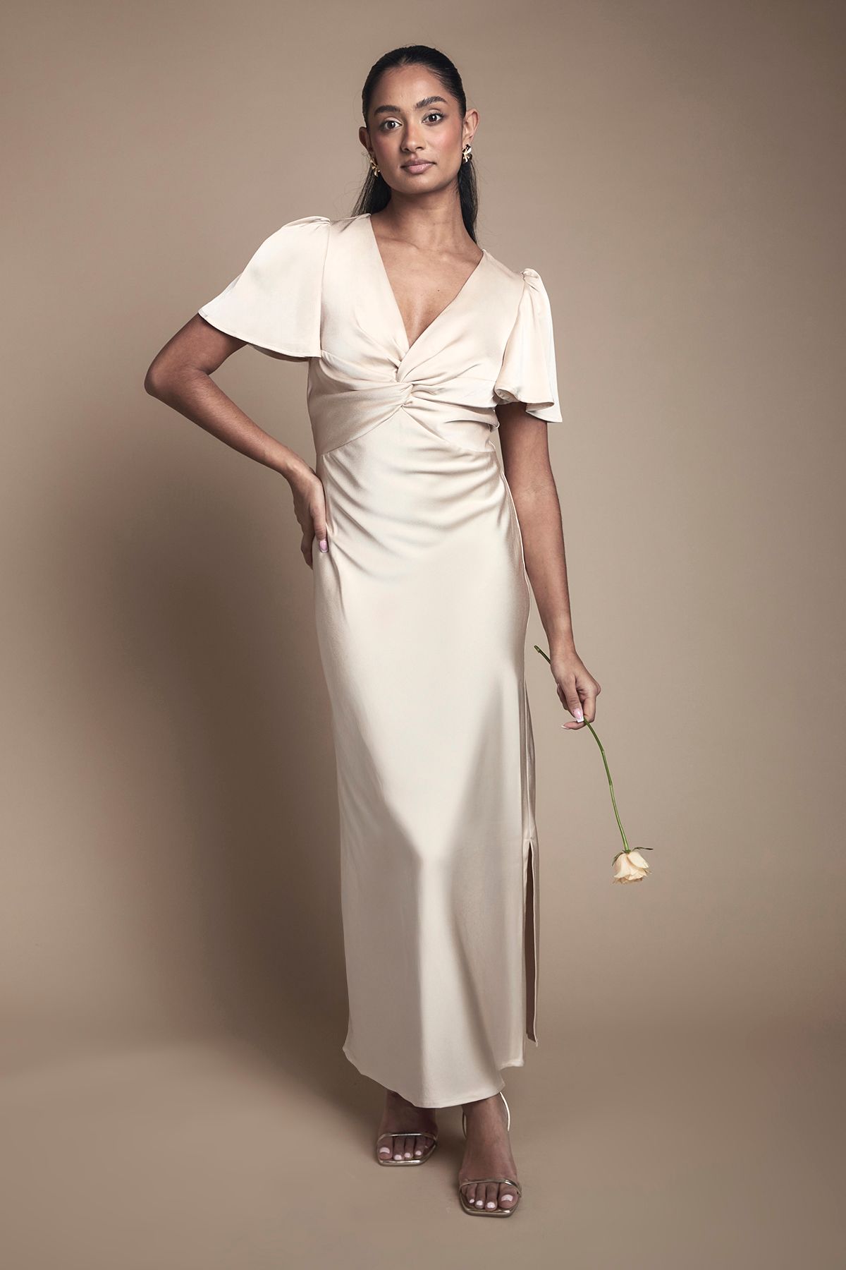 Oasis Champagne Satin Twist Front Angel Sleeve Midi Bridesmaid Dress Champagne
