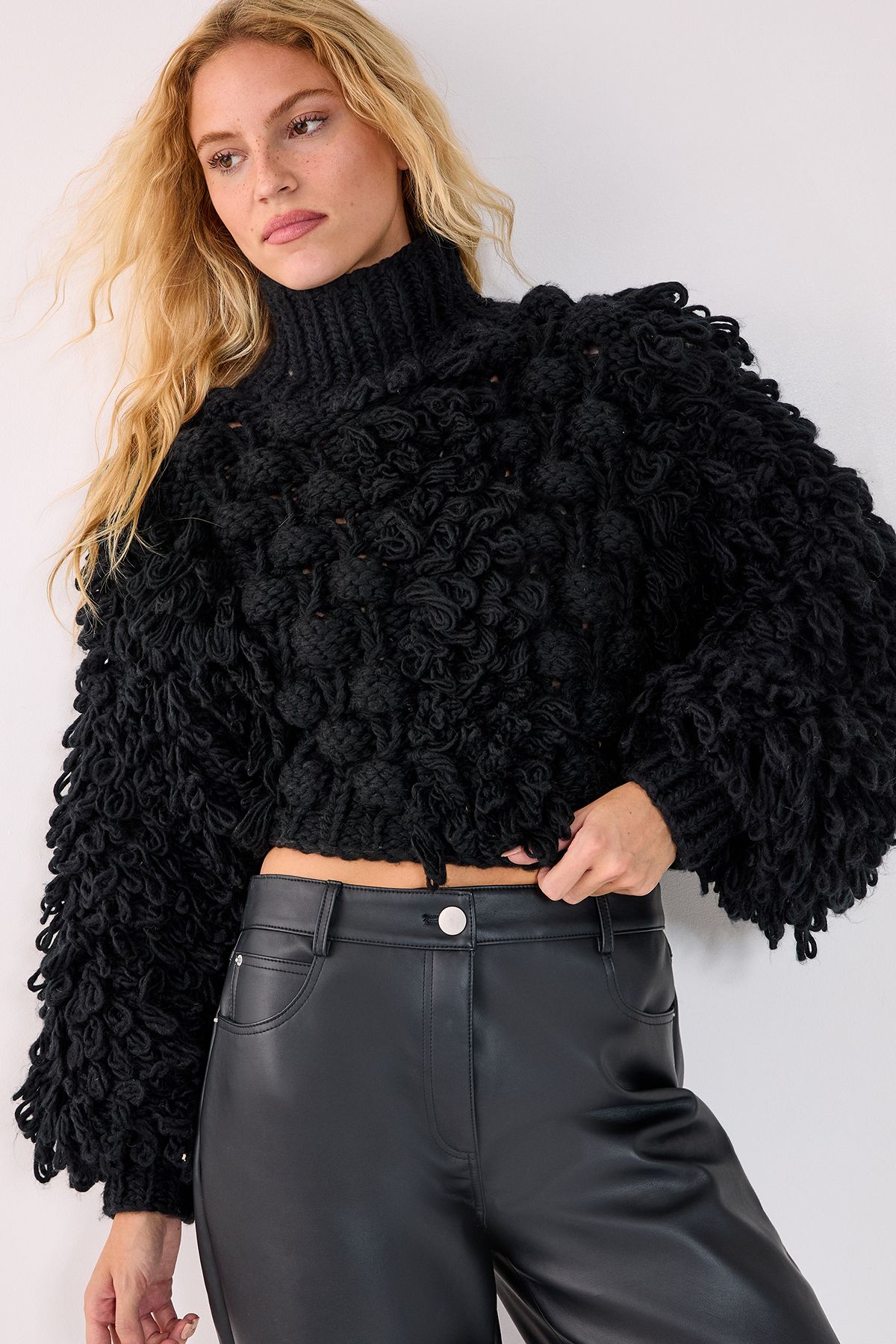 NastyGal Loopy Bobble Mix High Neck Cropped Jumper Black