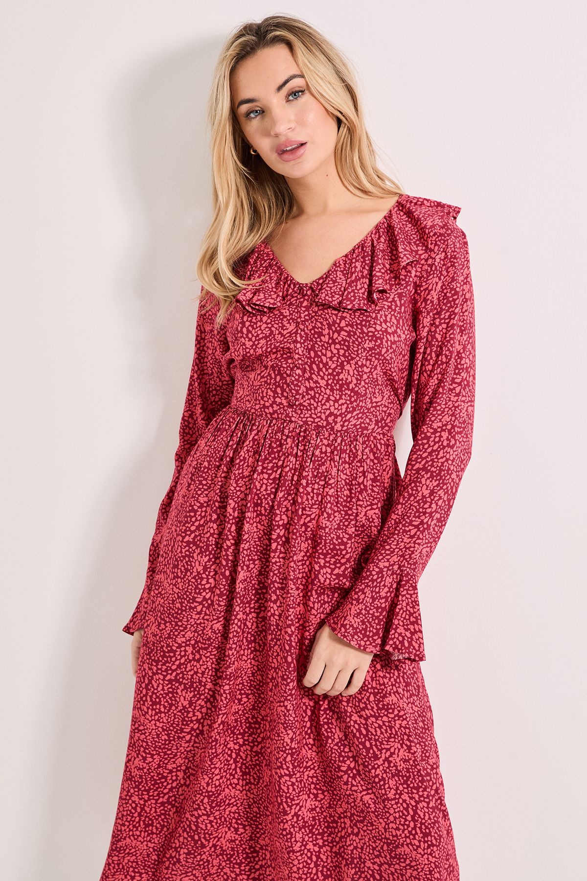 Dorothy Perkins Pink Animal Frill Neck Button Front Printed Midi Dress Pink image 2