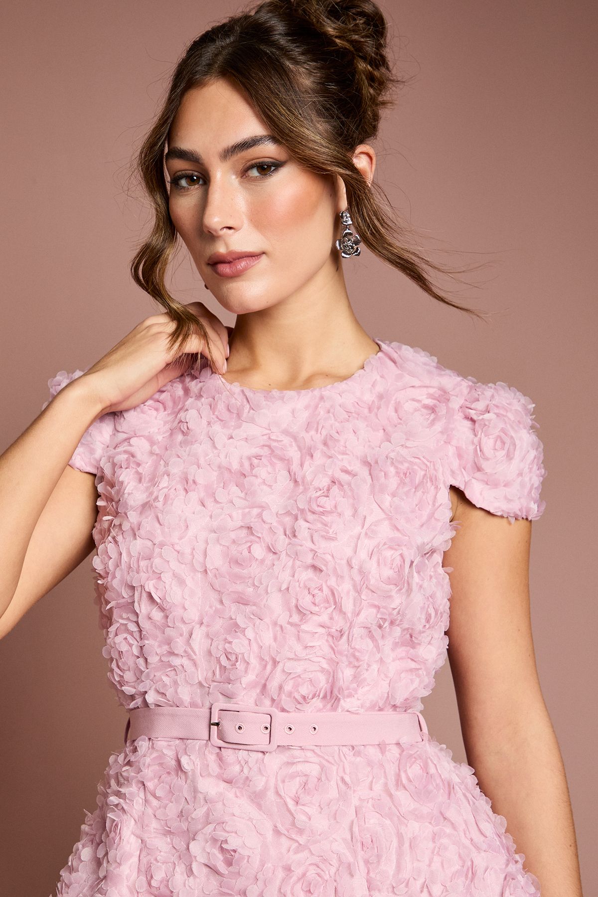 Coast Short Sleeve 3D Flower Belted Midi Dress Pale Pink image 4