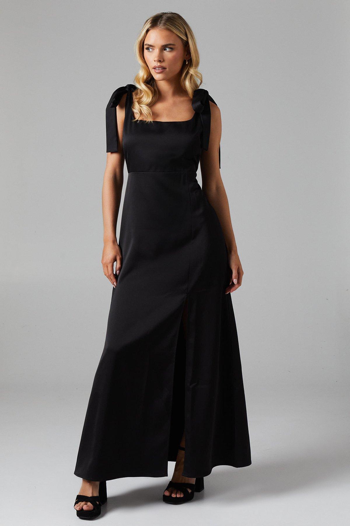 Oasis Petite Satin Tie Shoulder Midi Bridesmaids Dress Black image 1