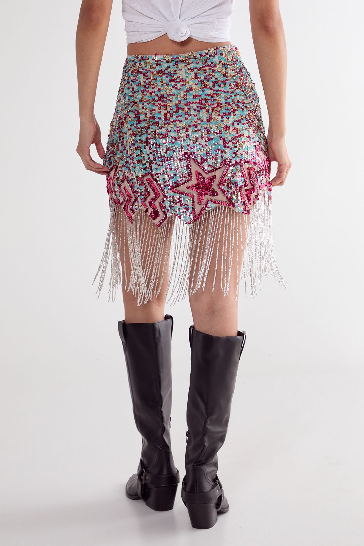NastyGal Sequin Star Lightening Bolt Tassel Mini Skirt Turquoise image 4