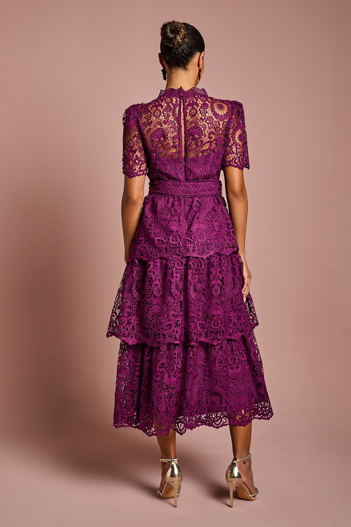 Coast Petite Short Sleeve V Neck Tiered Lace Midi Dress Plum image 3