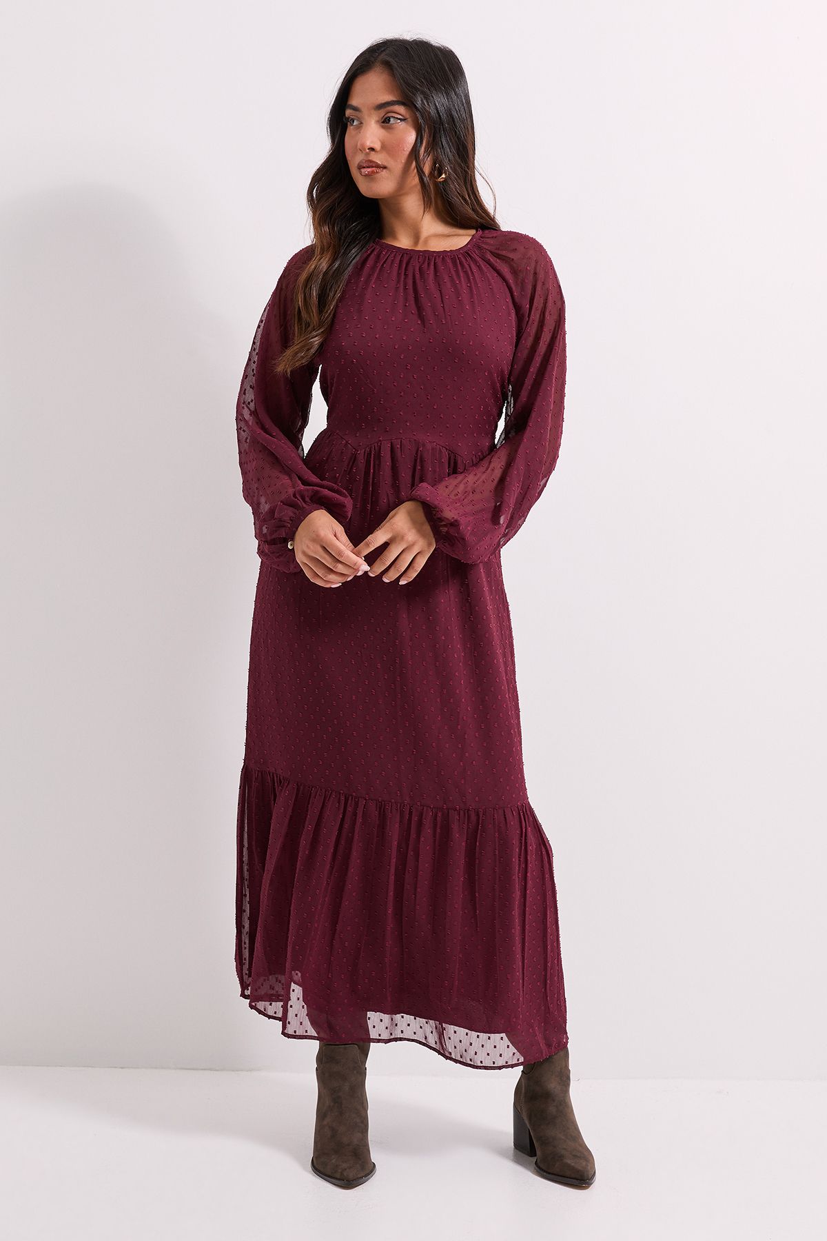 Dorothy Perkins Petite Dobby Chiffon Tiered Blouson Sleeve Midaxi Dress Chocolate image 1