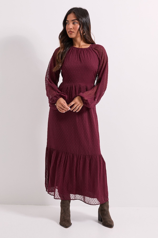 Dorothy Perkins Petite Dobby Chiffon Tiered Blouson Sleeve Midaxi Dress Chocolate