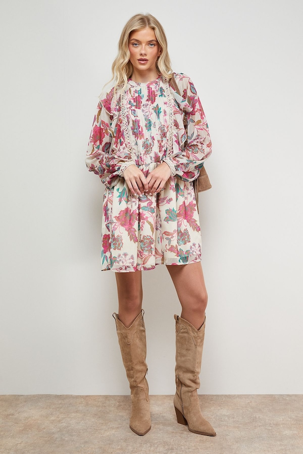 Oasis Printed Frill Detail Chiffon Mini Dress Floral