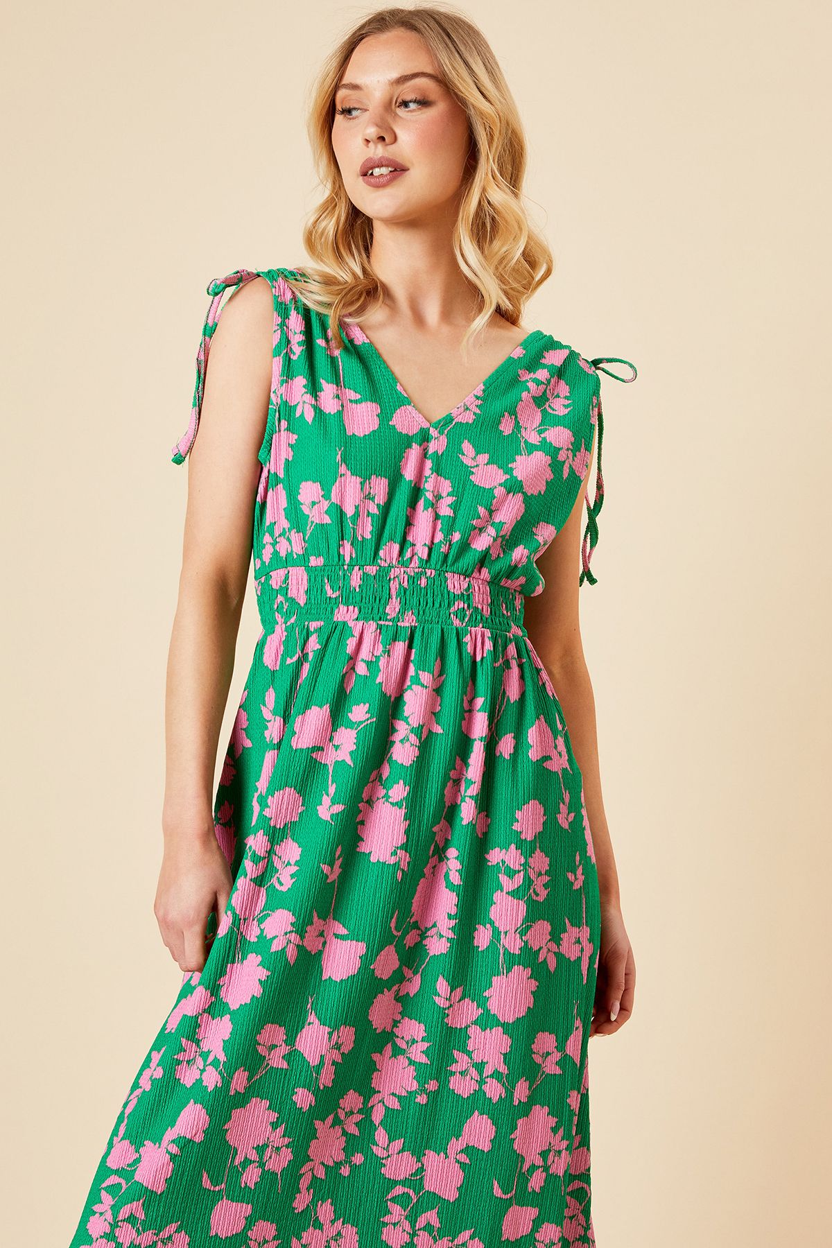 Dorothy Perkins Green Floral Tie Shoulder Shirred Waist Jersey Midi Dress Green image 2