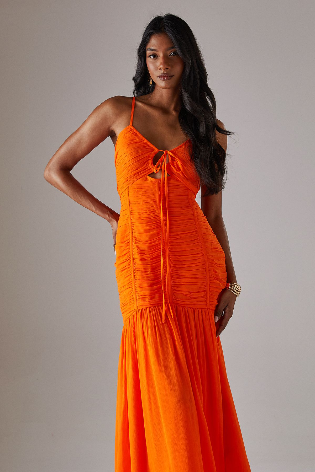 Warehouse Chiffon Gathered Channel Strappy Midi Dress Orange image 4