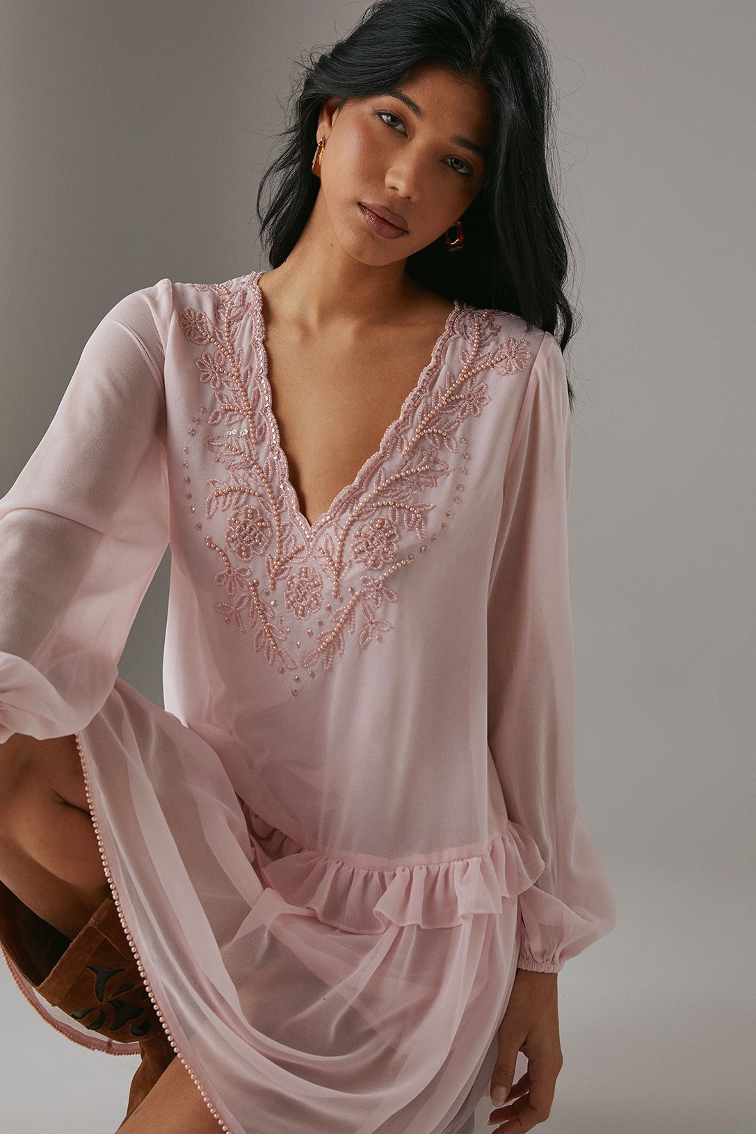 Warehouse Hand Embellished Chiffon Sequin Mini Smock Dress Pale Pink image 4