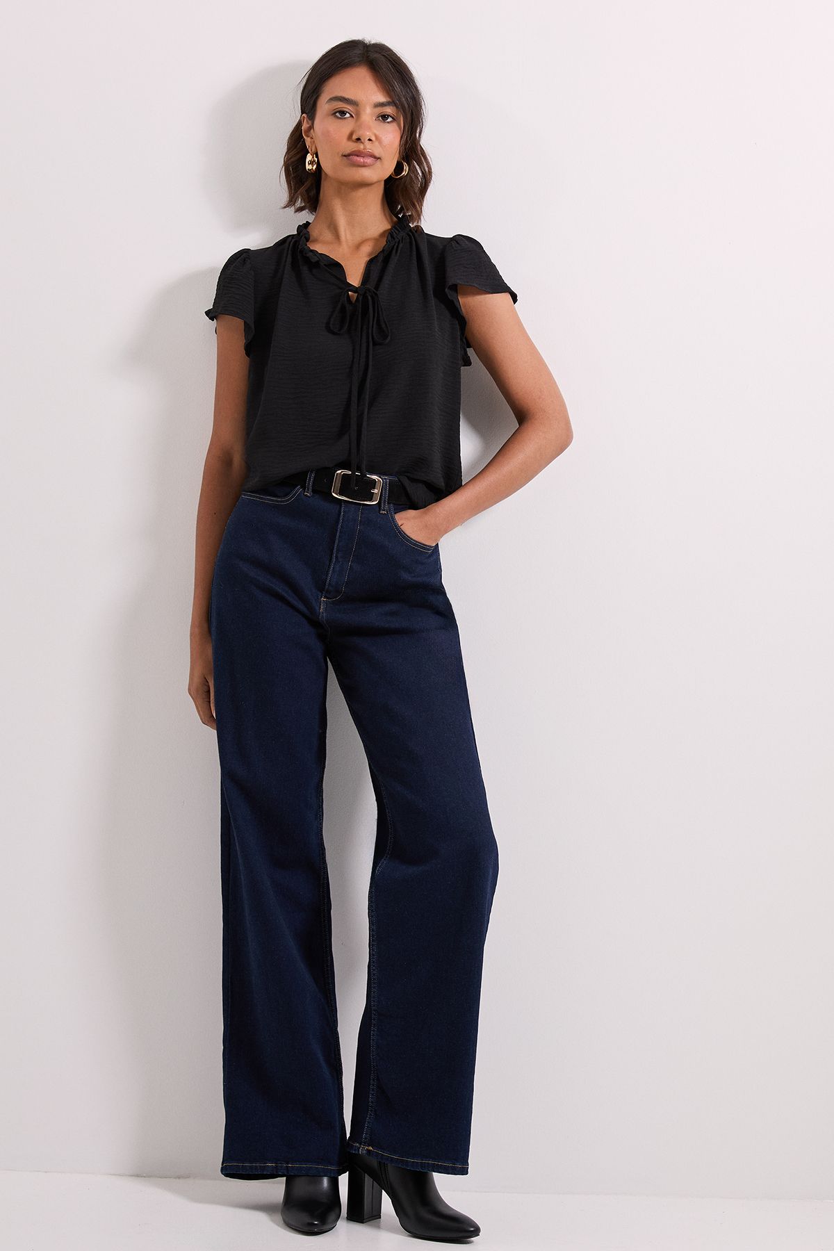 Dorothy Perkins Frill Sleeve Tie Front Top Black image 2