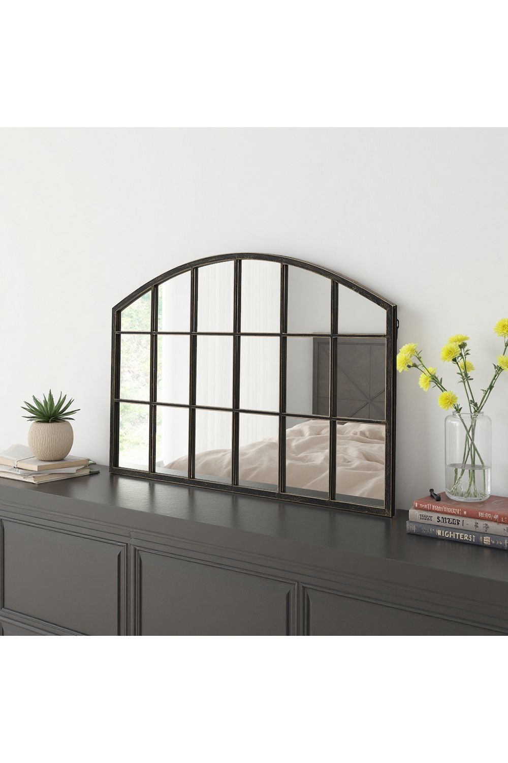 Living and Home Modern Bronze Framed Arched Windowpane Wall Mirror for Decor image 1