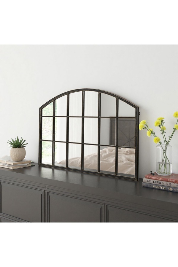 Living and Home Modern Bronze Framed Arched Windowpane Wall Mirror for Decor