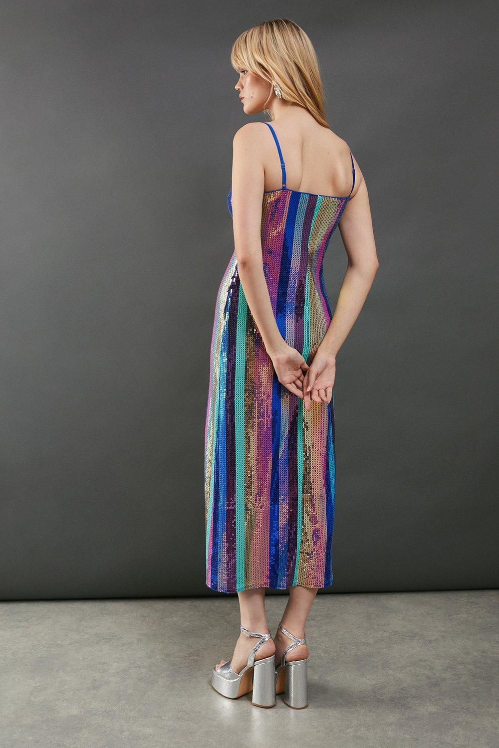 Warehouse Sequin Stripe Strappy Split Side Midi Dress Stripe image 3