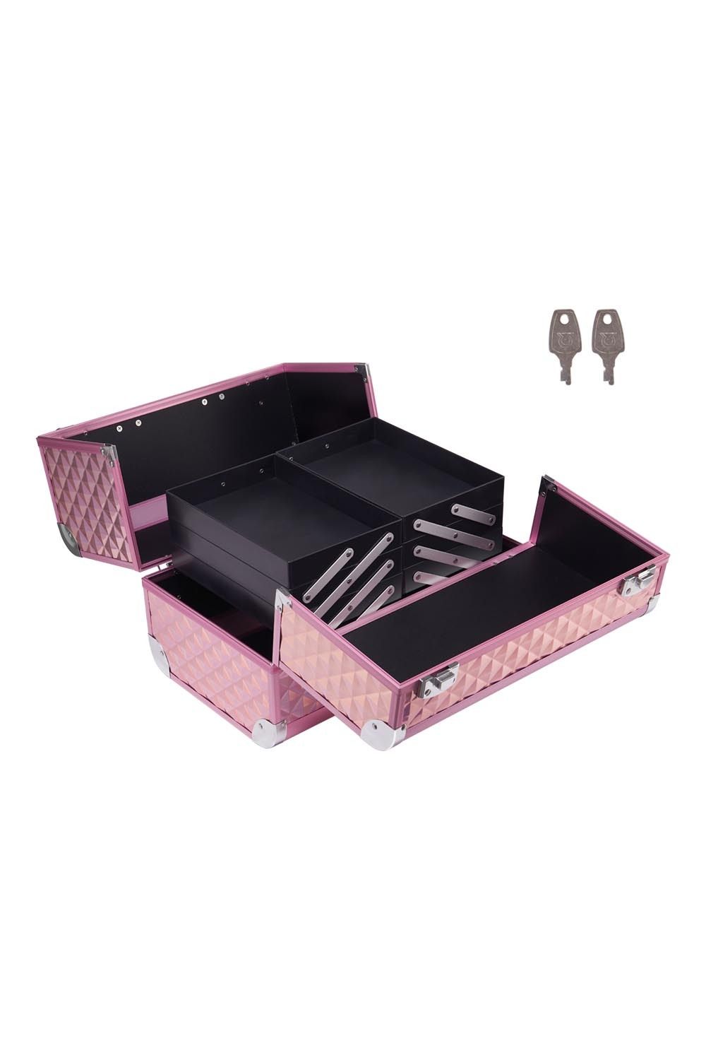 SHEONLY Pink Makeup Box Professional Cosmetic Organizer Aluminum Storage Box with 6 Trays image 6