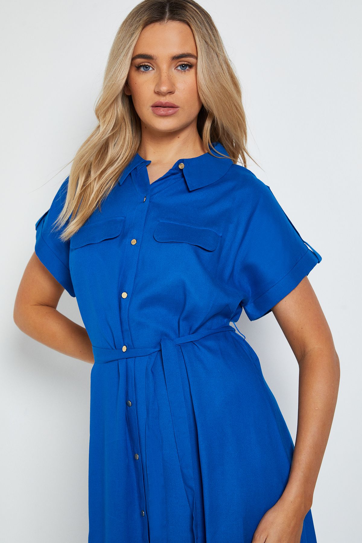 Dorothy Perkins Button Up Belted Roll Sleeve Shirt Dress Cobalt image 4