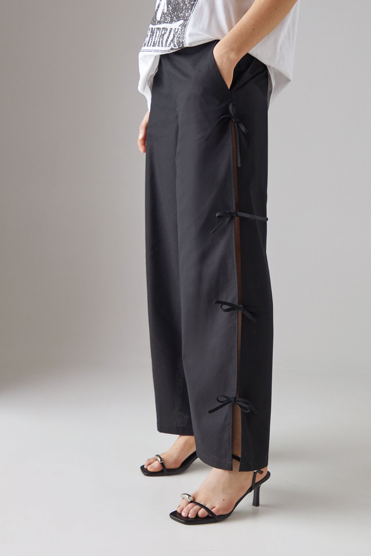 Warehouse Tie Side Wide Leg Trousers Black image 1