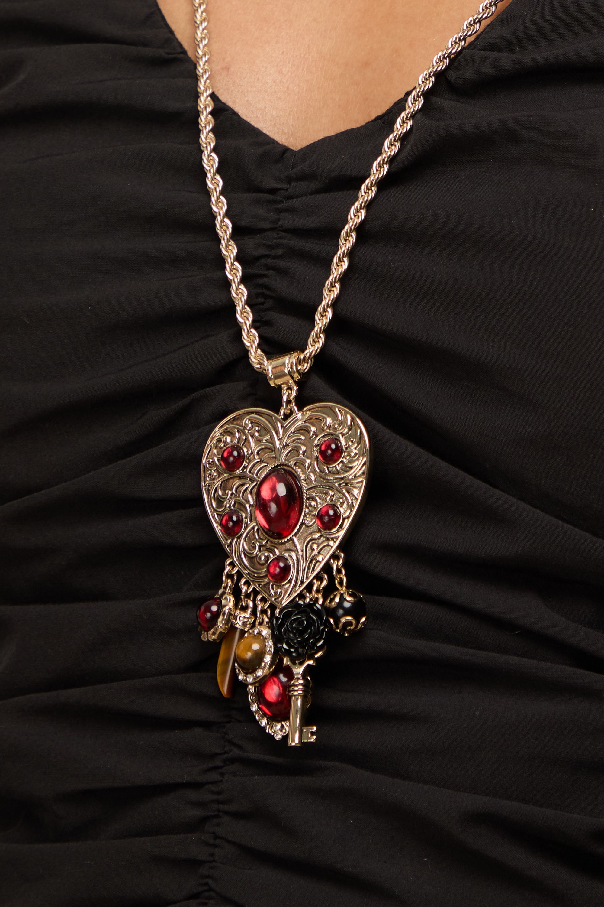 Mood Antique Gold & Red Resin Heart Charm Long Necklace image 3