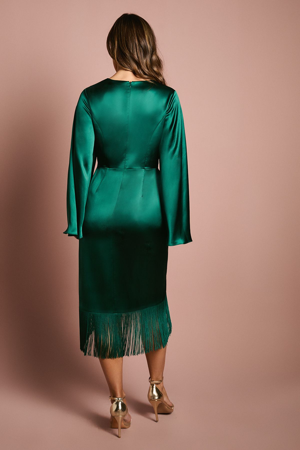 Coast Satin Fringe Hem Wrap Waist Midi Dress Emerald image 3