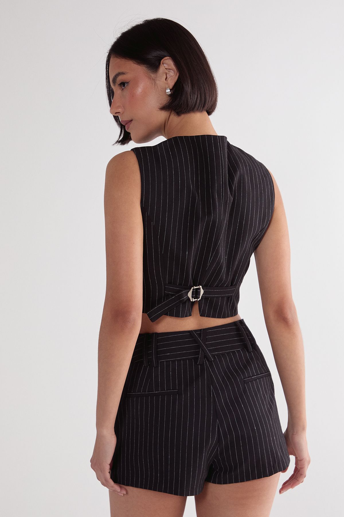 NastyGal Pinstripe Belted Shorts Black image 4