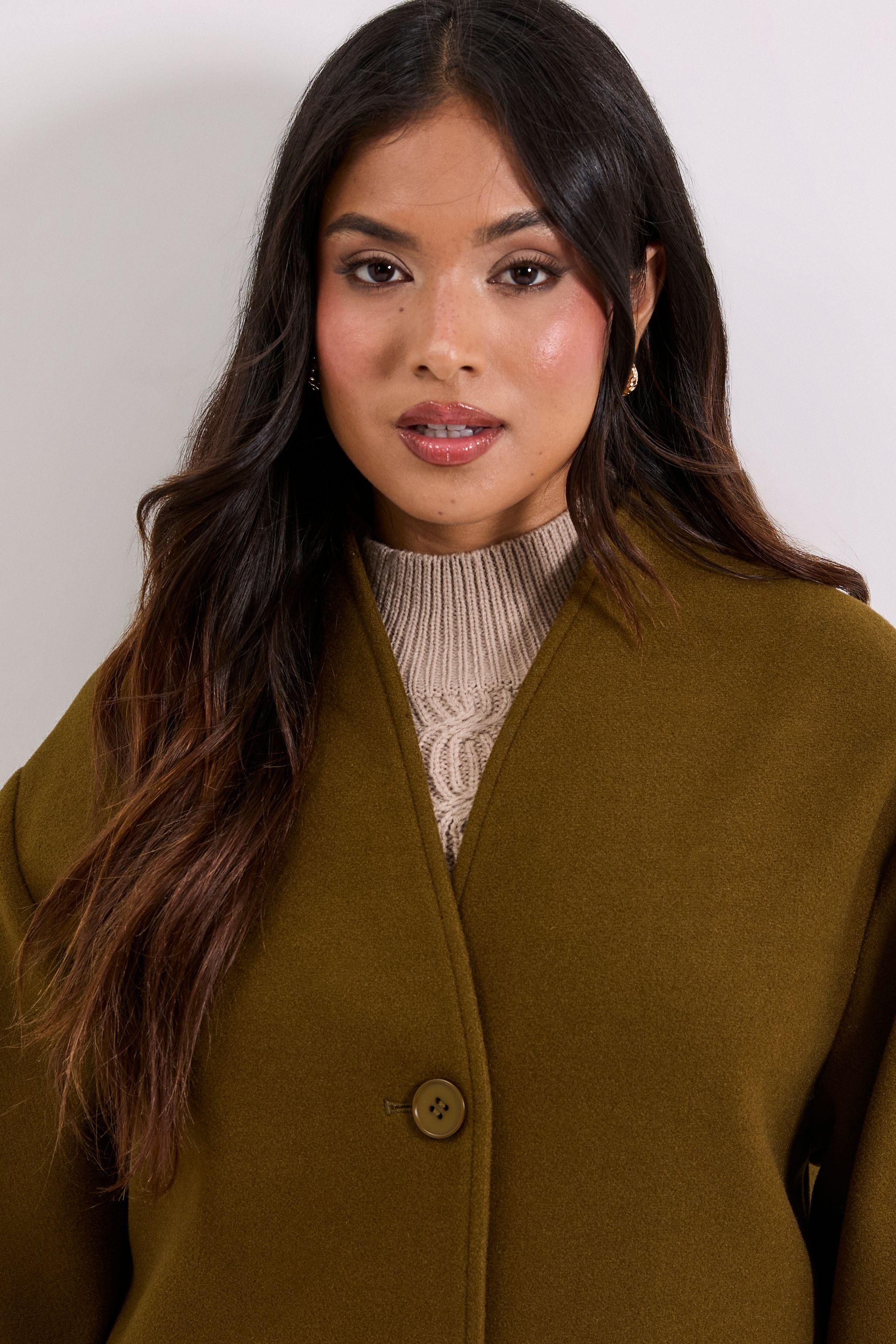 Dorothy Perkins Petite Collarless Single Breasted Faux Wool Coat Olive image 4