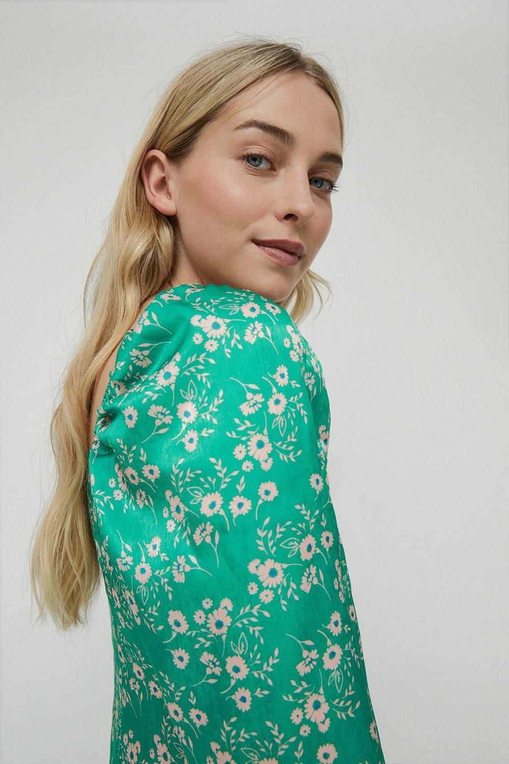 Warehouse Puff Sleeve Mini Dress In Floral Green image 2