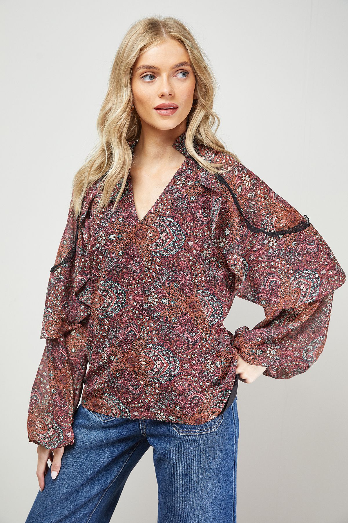 Oasis Cape Detail Trim Balloon Sleeve Boho Blouse Multi image 1