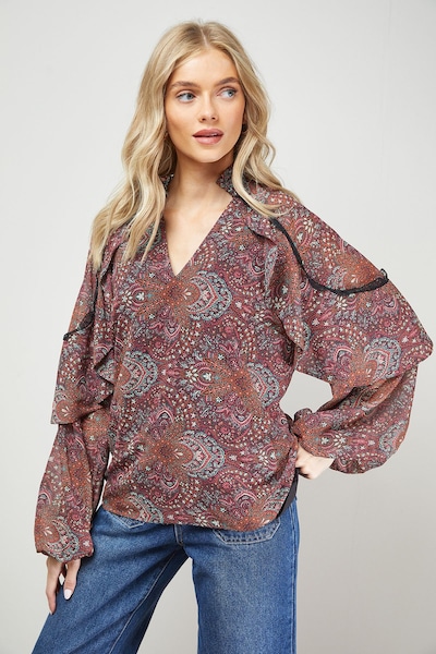 Oasis Cape Detail Trim Balloon Sleeve Boho Blouse Multi