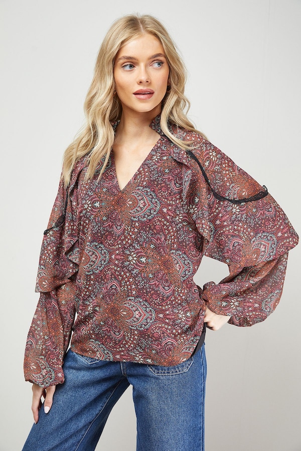 Oasis Cape Detail Trim Balloon Sleeve Boho Blouse Multi