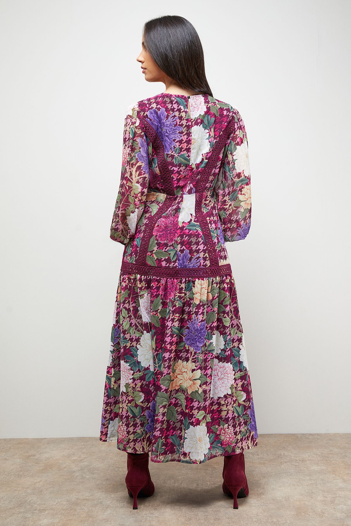 Oasis Lace Detail Balloon Sleeve Drop Hem Midi Dress Floral image 3