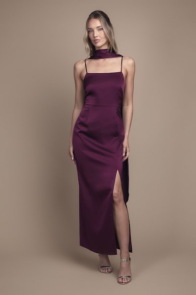 Oasis Oasis Strappy Satin Maxi Bridesmaid Dress with Scarf Grape