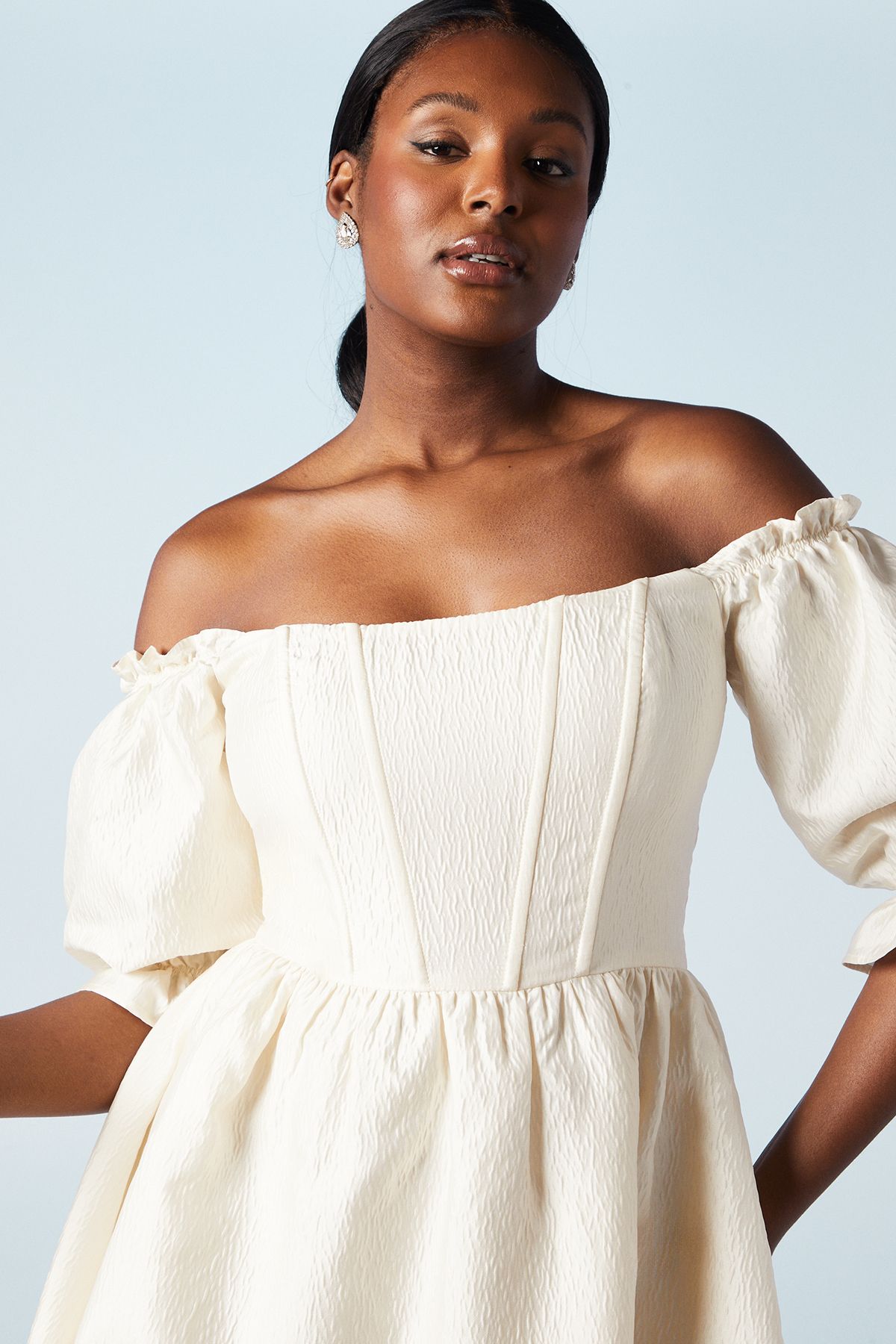 Oasis Off The Shoulder Puff Sleeve Jacquard Bridal Mini Dress Ivory image 4