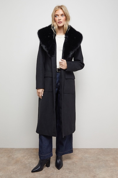 Oasis Buckle Detail Faux Fur Collar Belted Coat Black