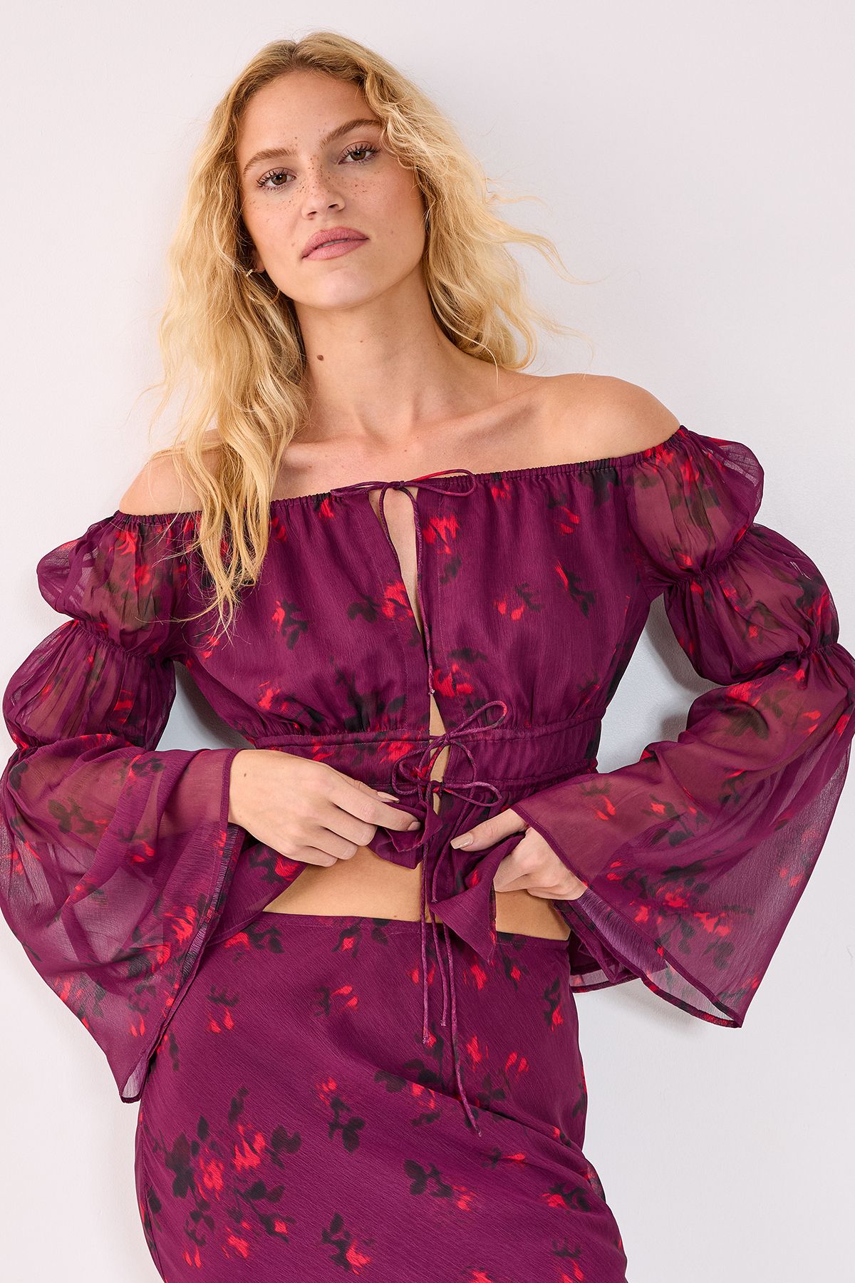 NastyGal Floral Chiffon Bardot Ruched Fluted Sleeve Top Co-ord Wine