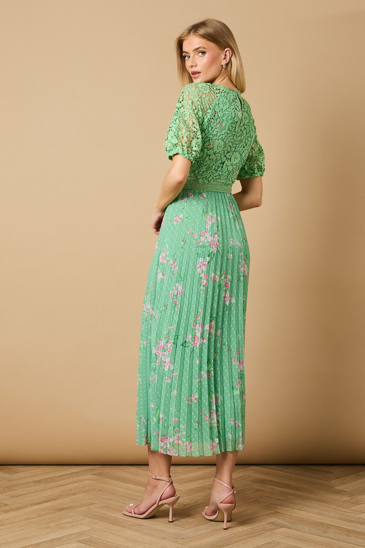 Oasis Occasion Floral Lace Bodice Pleated Midi Dress Sage image 3