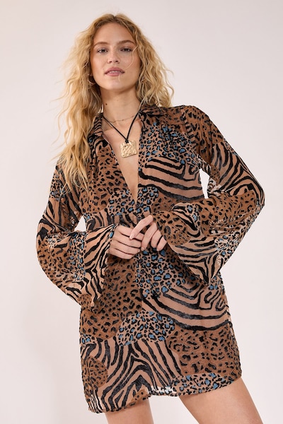 NastyGal Mixed Animal Devore Button Down Mini Tunic Dress Tan