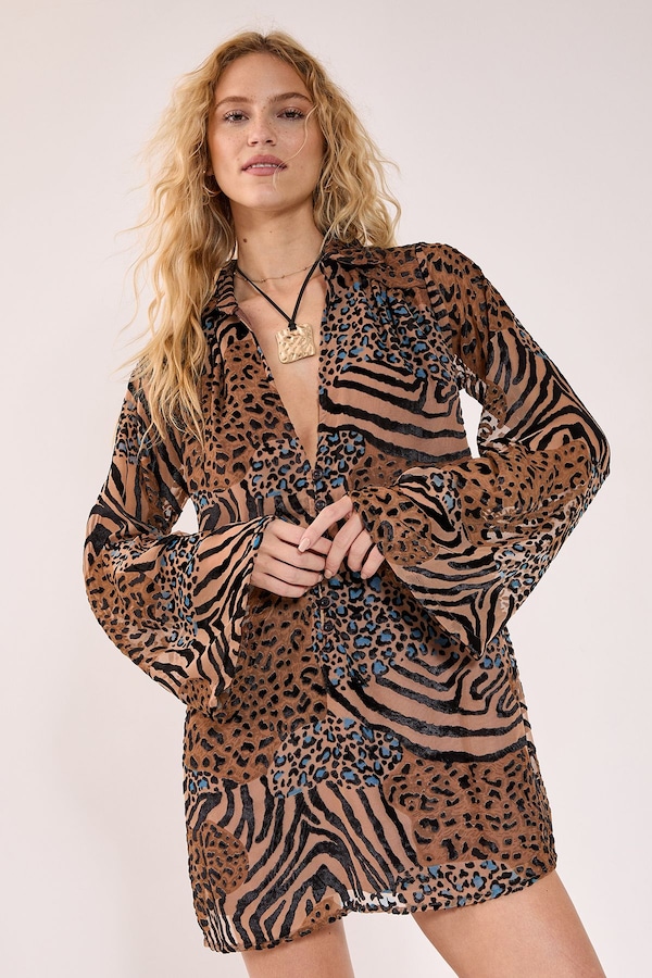 NastyGal Mixed Animal Devore Button Down Mini Tunic Dress Tan