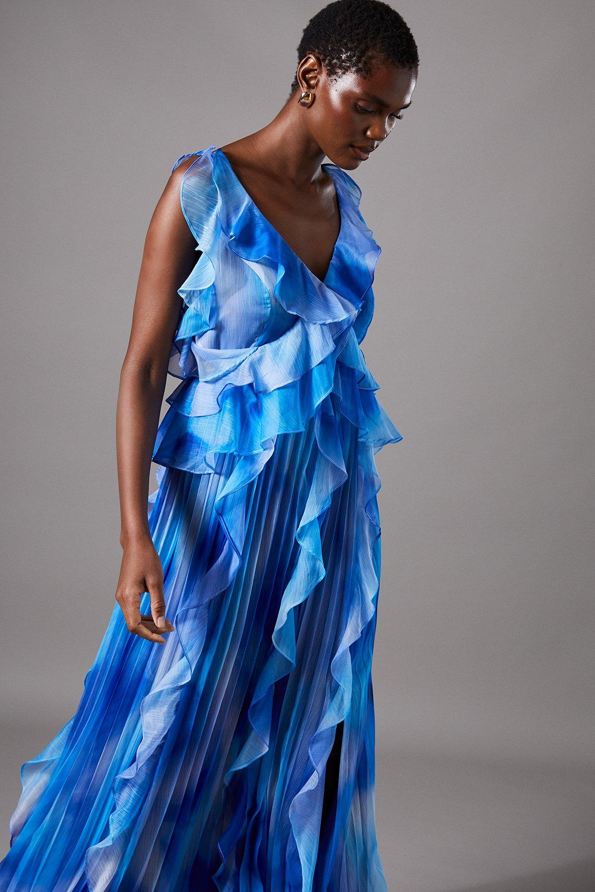 Coast Sleeveless V Neck Chiffon Frill Maxi Holiday Dress Blue image 2