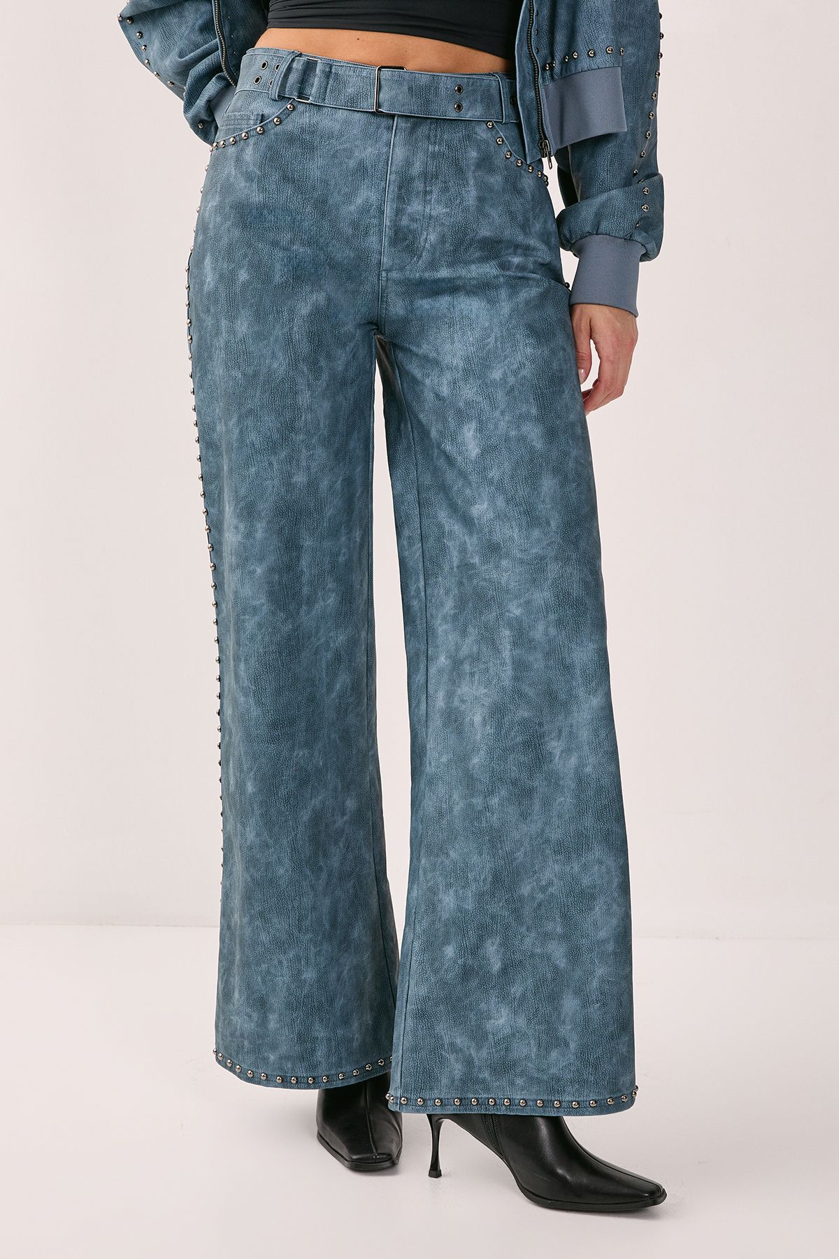 NastyGal Distressed Faux Leather Studded Detail Belted Trouser Blue image 2