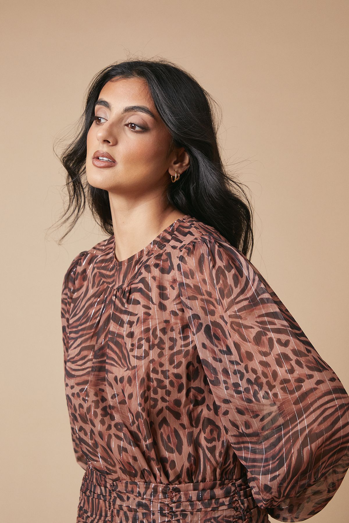 Oasis Animal Chiffon Gathered Ruched Mini Dress Animal image 3