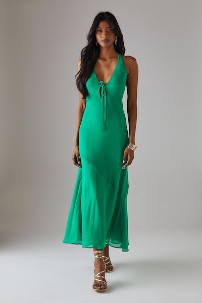 Warehouse Chiffon Bias Tie Front Low Back Halter Midi Dress Bright Green