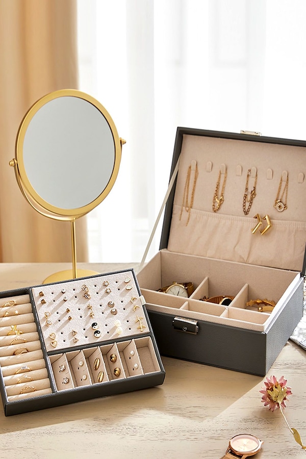 Living and Home Lockable Double Tier Faux Leather Jewellery Organizer