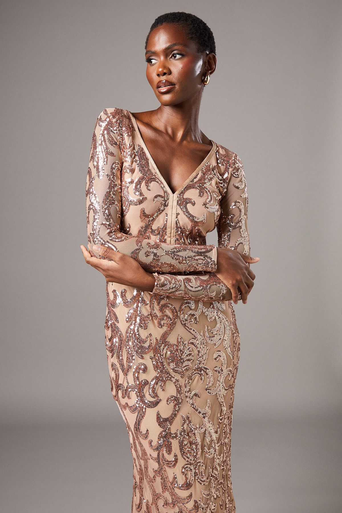 Coast Long Sleeve Sequin Maxi Dress Champagne image 2