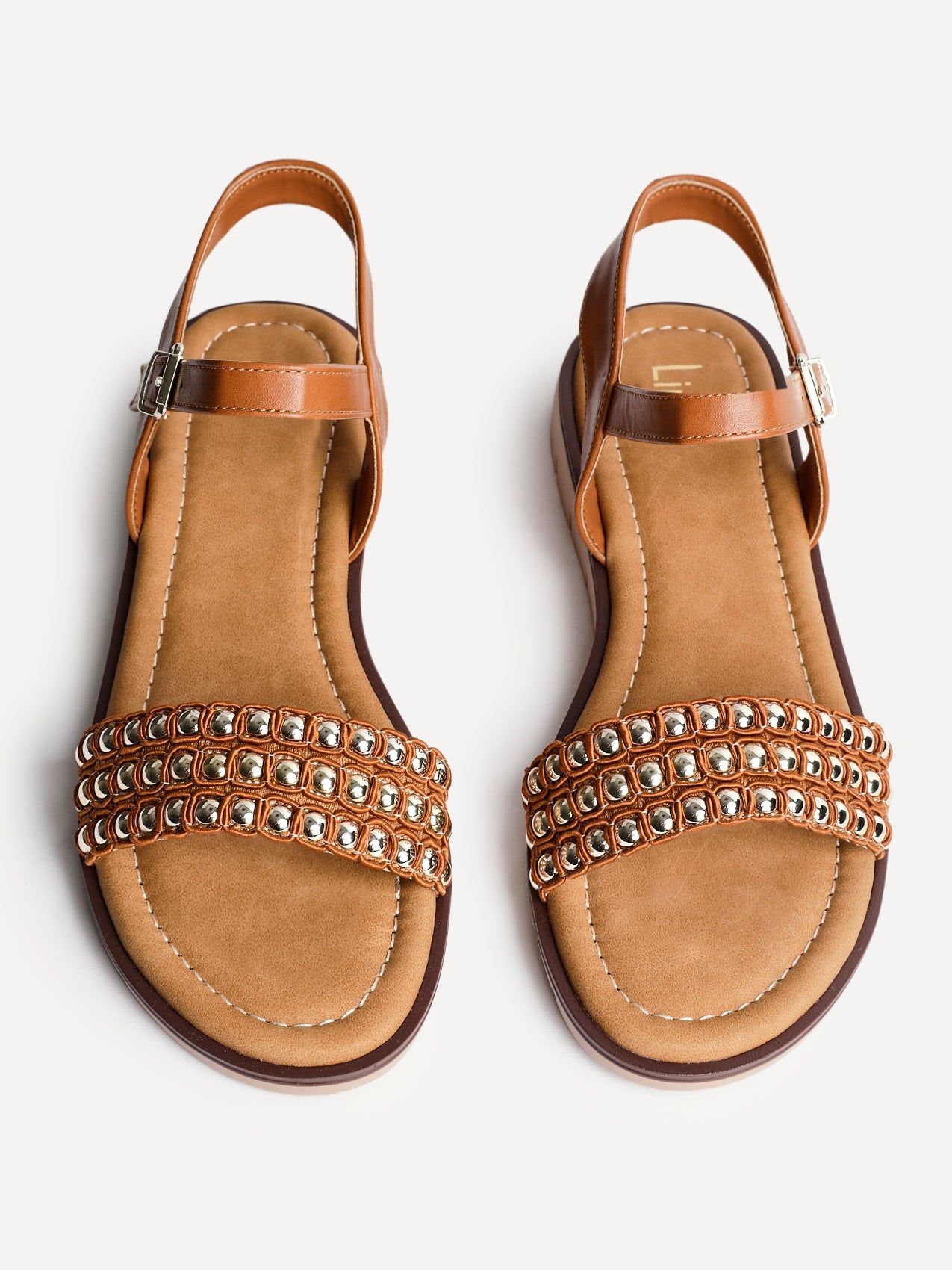 Linzi Electra Tan Faux Leather Studded Flat Sandals image 5