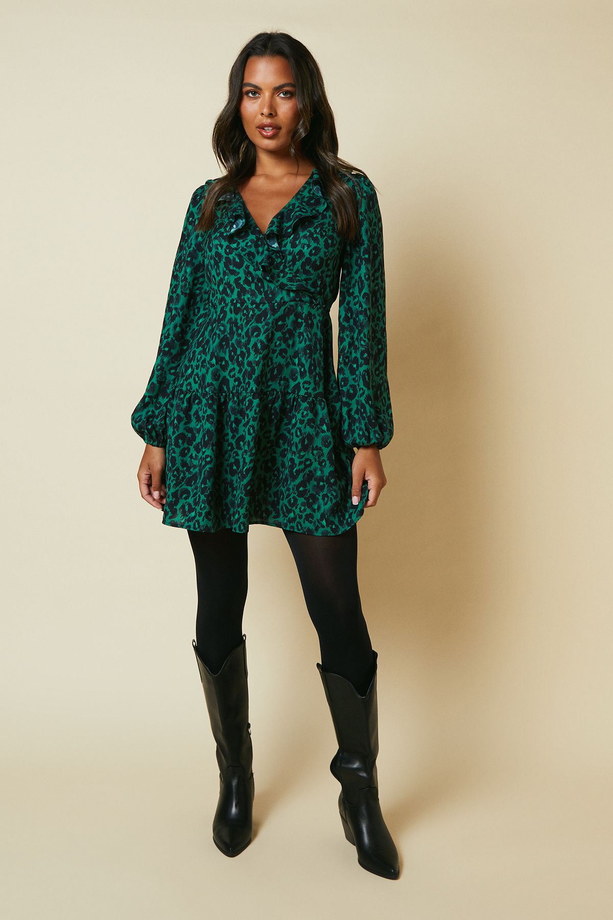 Dorothy Perkins Green Animal Tiered Hem Frill Wrap Mini Dress Green image 2