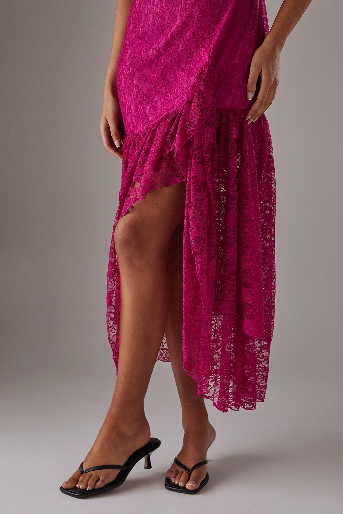 Warehouse Lace Strappy Drop Waist Ruffle Midi Dress Magenta image 3