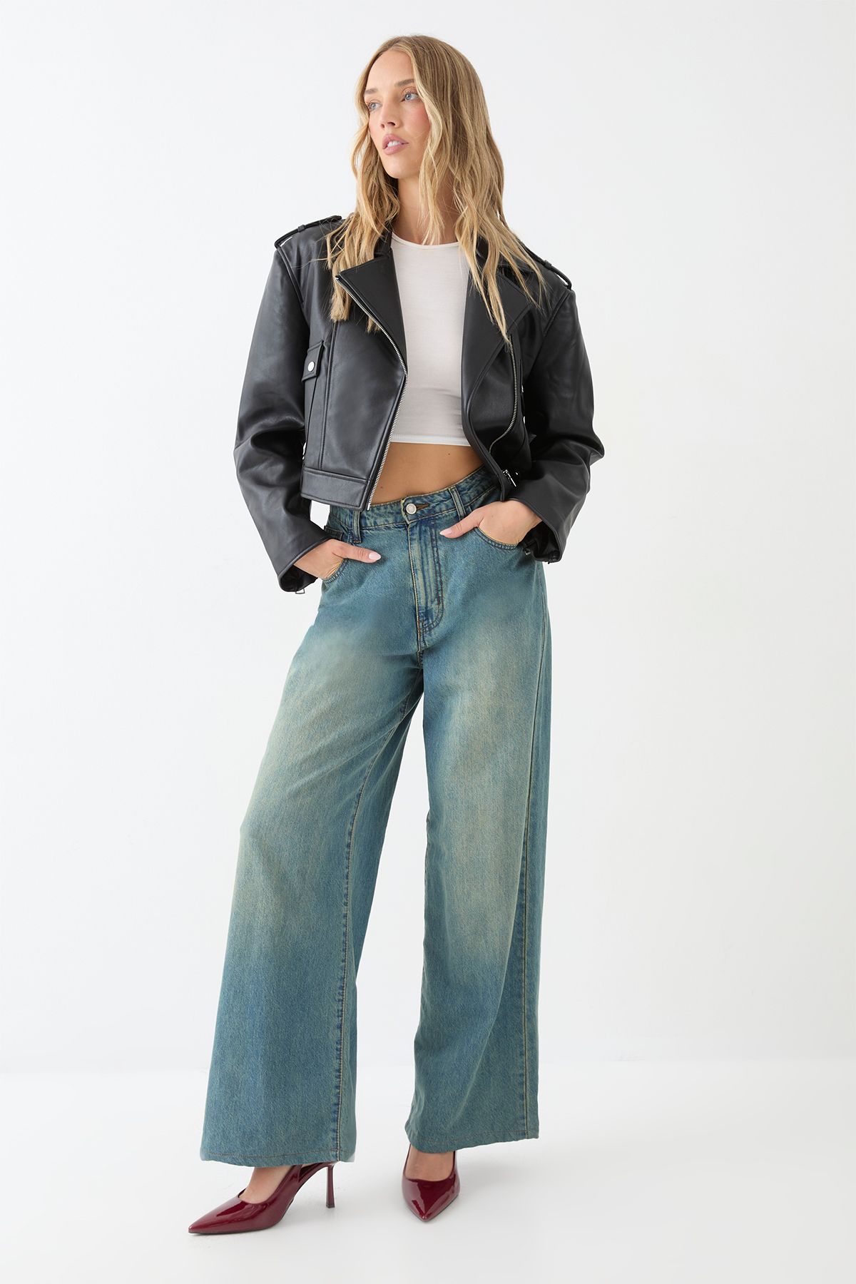 MissPap High Shine High Stiletto Heel Buckle Detail Slingback Court Shoes Burgundy image 2