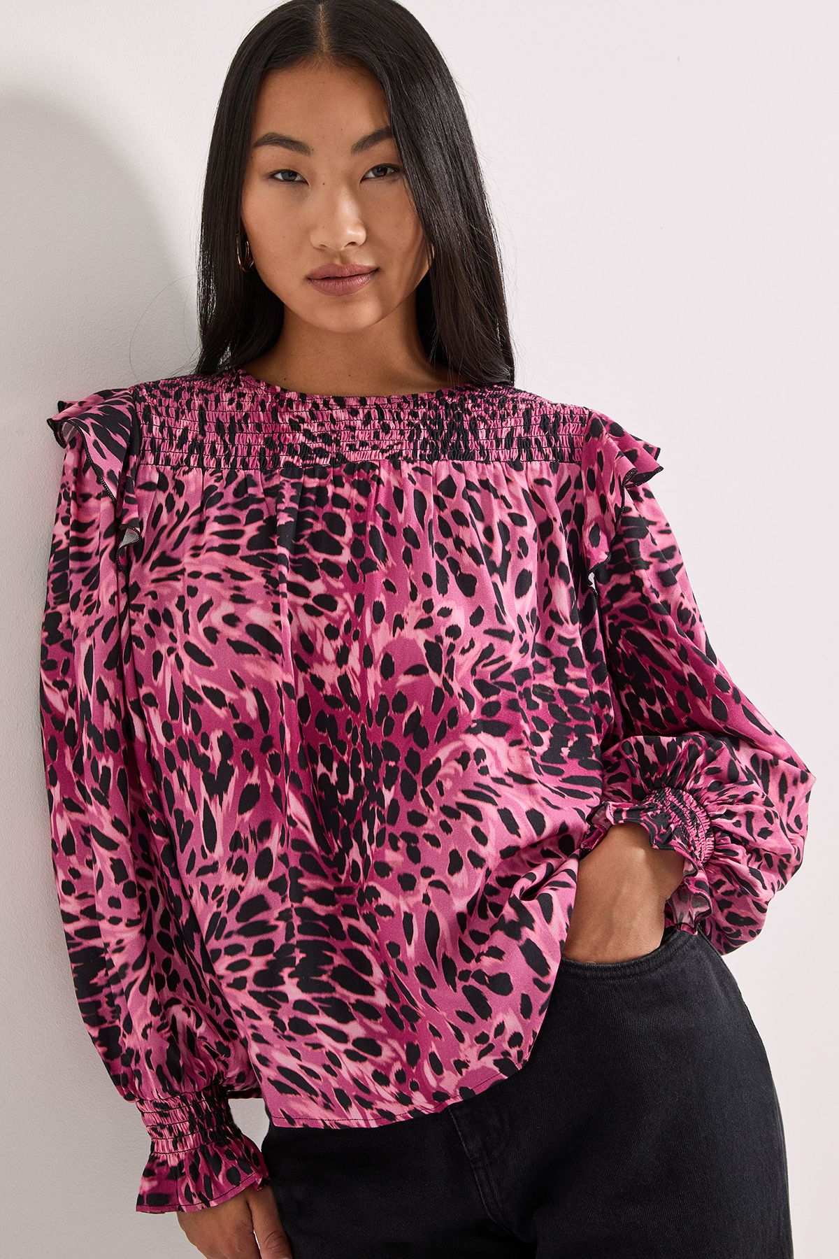 Dorothy Perkins Animal Print Petite Shirred Yoke Frill Detail Tip Animal image 1